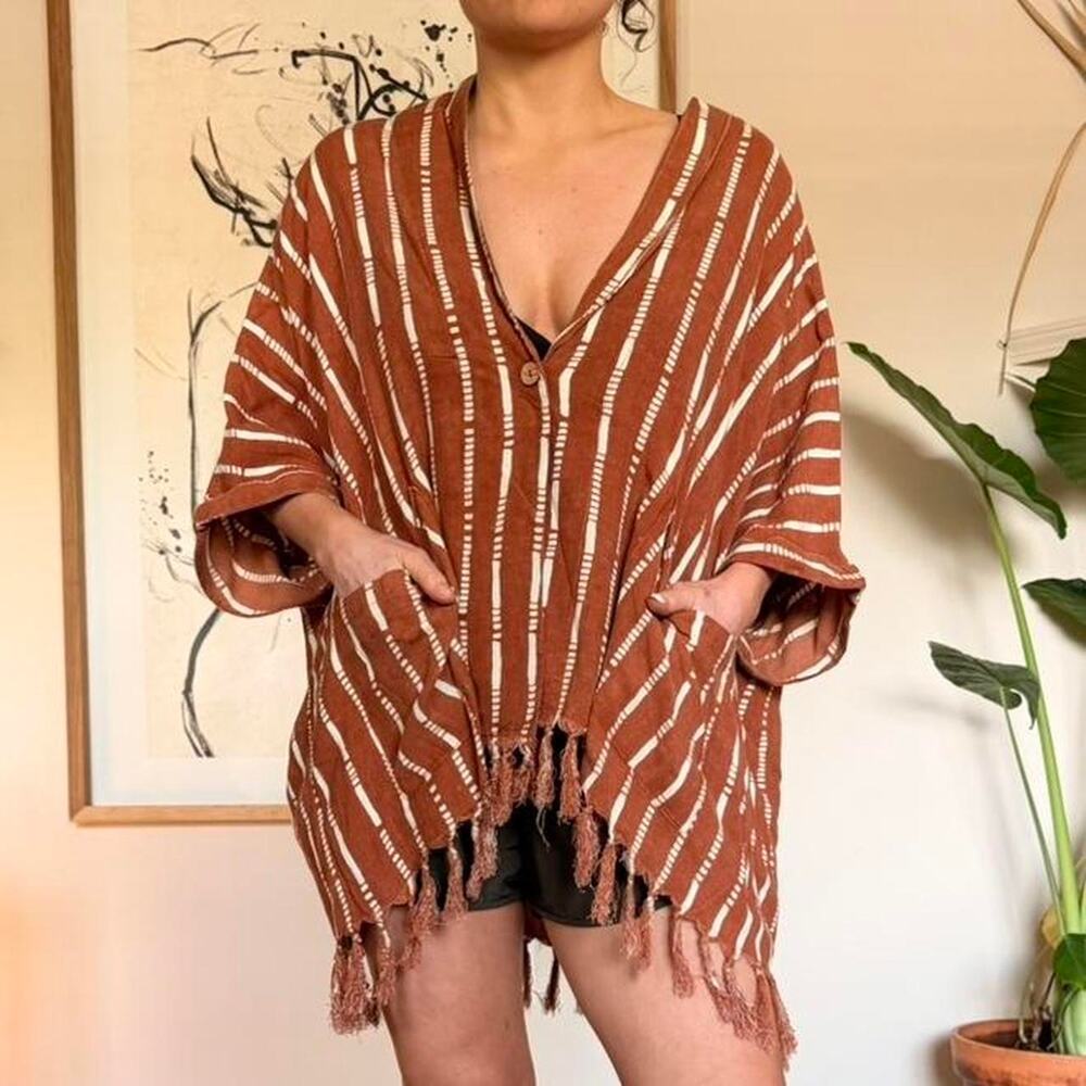 Brown/Orange Striped Linen Blend Fringe Poncho Top with Pockets NWT